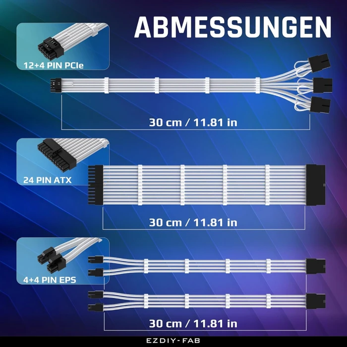 EZDIY-FAB 12VHPWR Cable Kit, 1x 24-Pin, 2x 4/8-Pin ATX, 1x 12VHPWR/3x 8-Pin PCIe, 16AWG, weiß/schwarz