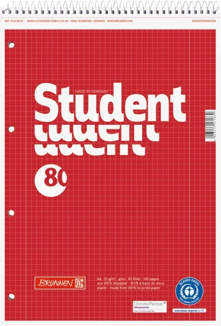 Brunnen Student Recycling Collegeblock für Linkshänder, A4, Lineatur 28, rot, 80 Blatt