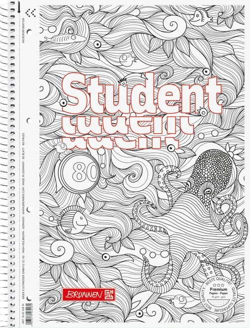 Brunnen Student Premium ZENart Collegeblock, A4, Lineatur 28, Krake, 80 Blatt