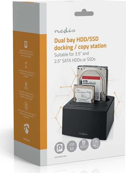 Nedis Dual Bay HDD Docking Station, 2x 2.5"/3.5", USB-B 3.0