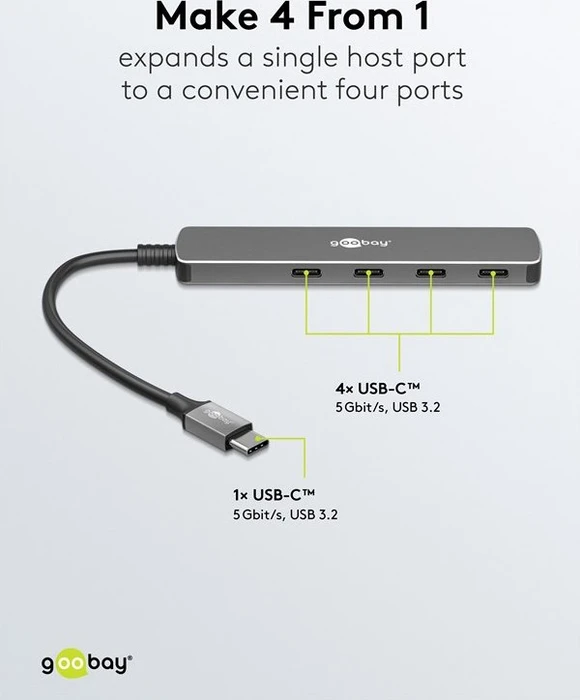 Wentronic goobay Slim 4-Port USB-Hub, 4x USB-C 3.0, USB-C 3.0 [Stecker]