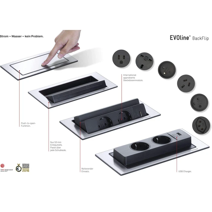 Schulte EVOLine BackFlip Cuisine, 2-fach, 1x USB-C, 2.5m, edelstahl gebürstet