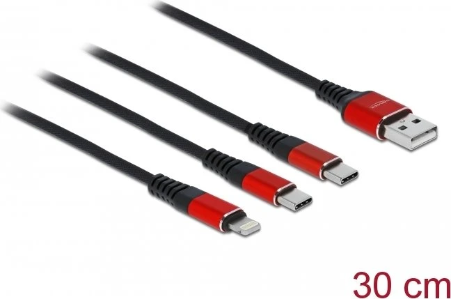 DeLOCK USB Ladekabel 3 in 1 USB Typ-A zu Lightning/2x USB Type-C 0.3m
