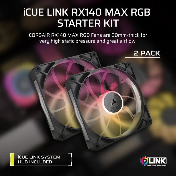 Corsair iCUE LINK RX140 Max RGB Starter Kit, schwarz, LED-Steuerung, 140mm, 2er-Pack