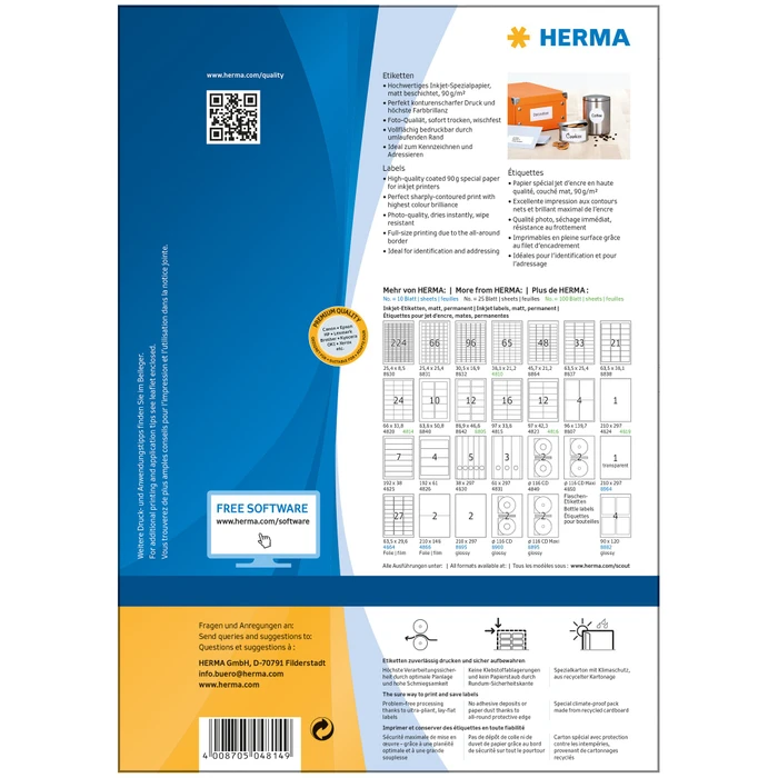Herma Adressetiketten Inkjet, 66x33.8mm, weiß, matt, 100 Blatt (2400 Etiketten)