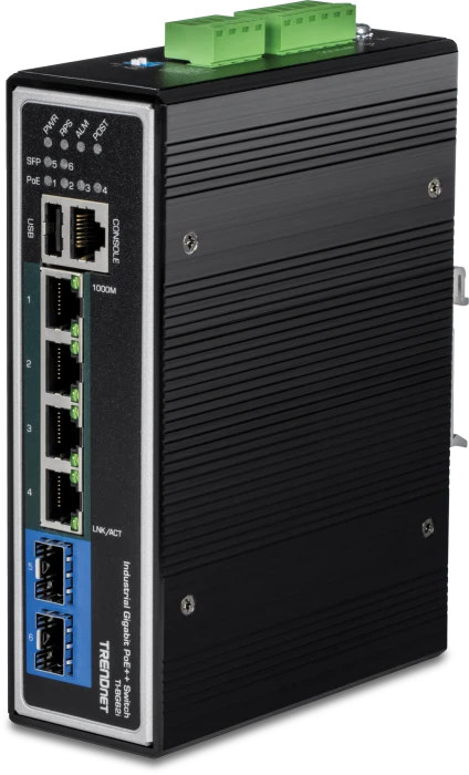 TRENDnet TI Hardened Industrial Railmount Gigabit Managed Switch, 4x RJ-45, 2x SFP, 360W PoE++