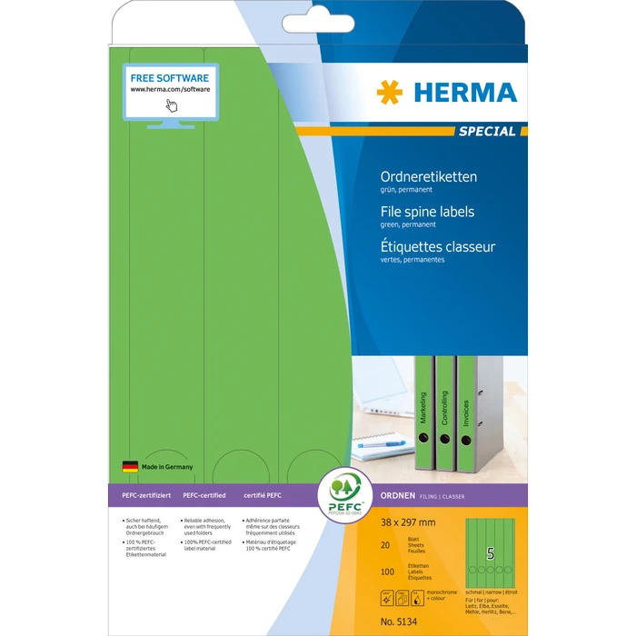 Herma Ordneretiketten, 38x297mm, grün, 100 Blatt (500 Etiketten)