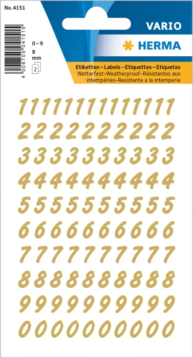 Herma Zahlenetiketten 0-9, 4x8mm, gold, 2 Blatt (208 Etiketten)