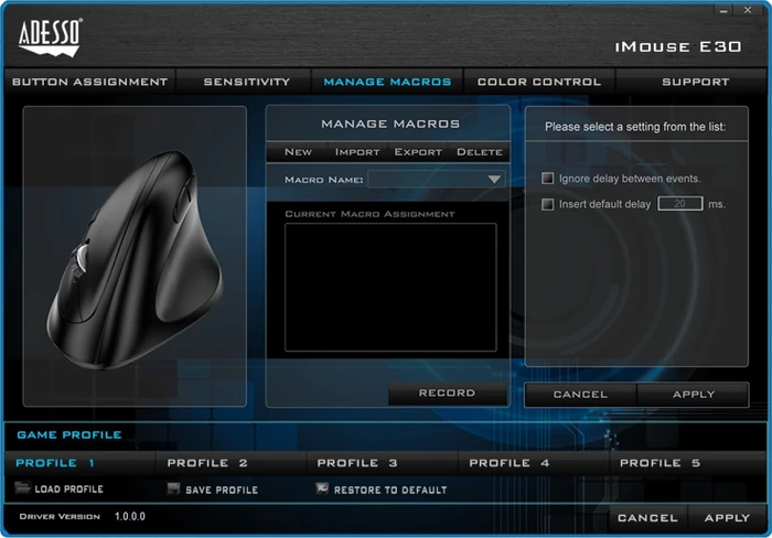 Adesso iMouse E30 Wireless Vertical Programmable Mouse schwarz, USB