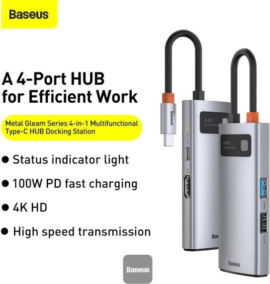 Baseus Metal Gleam 4-in-1 Hub, USB-C 3.0 [Stecker]