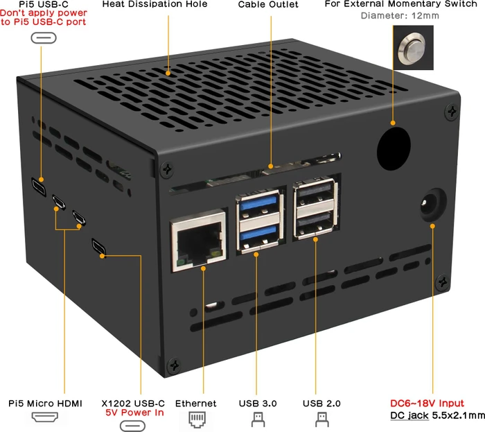 Geekworm Gehäuse für Raspberry Pi 5 X1202 Shield, schwarz