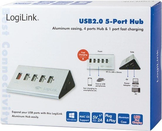 LogiLink Aluminium USB-Hub, 5x USB-A 2.0, USB 2.0 Micro-B [Buchse]