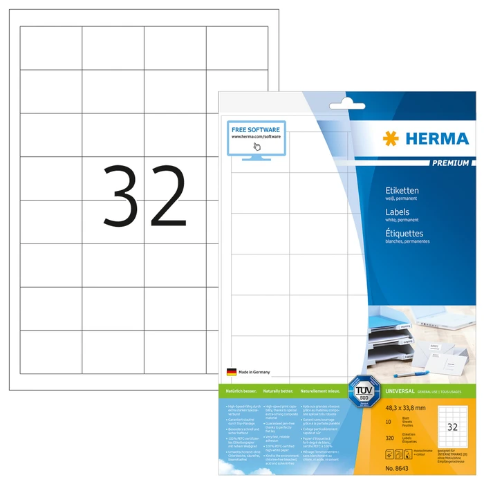 Herma Etiketten Premium, 48.3x33.8mm, weiß, matt, 10 Blatt (320 Etiketten)