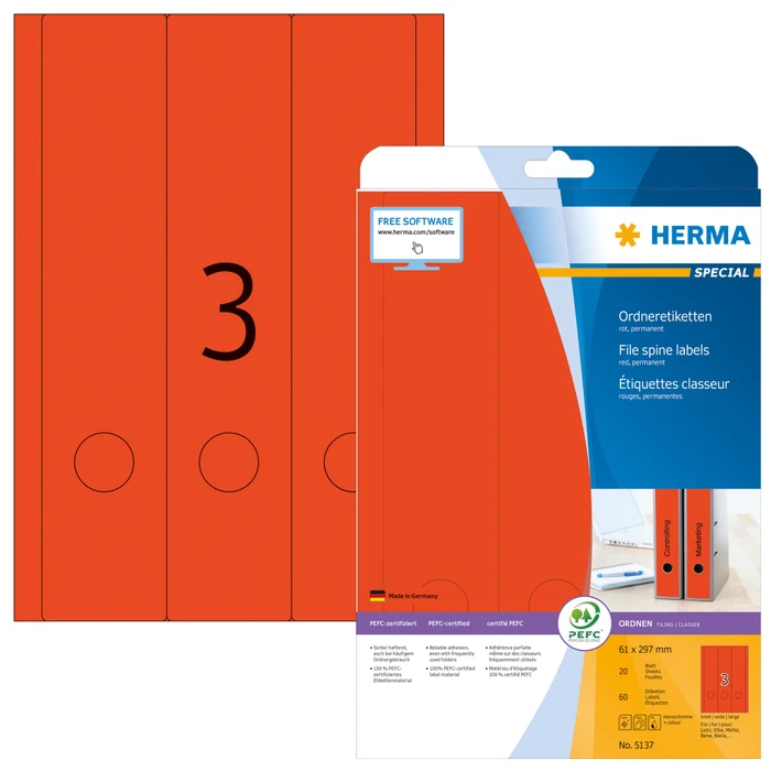 Herma Ordneretiketten, 61x297mm, rot, 20 Blatt (60 Etiketten)