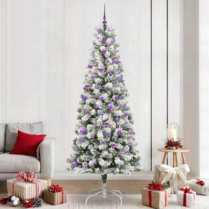 vidaXL Künstlicher Weihnachtsbaum schlank mit Schnee, 240cm, inkl. LED-Beleuchtung