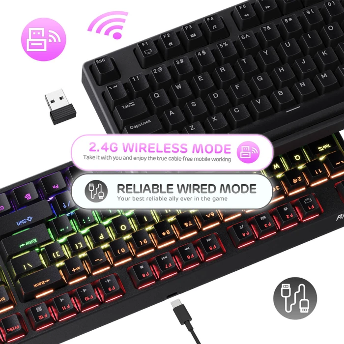 RK Royal Kludge RK87 Wireless TKL, LEDs RGB, schwarz, RK BROWN, USB, US