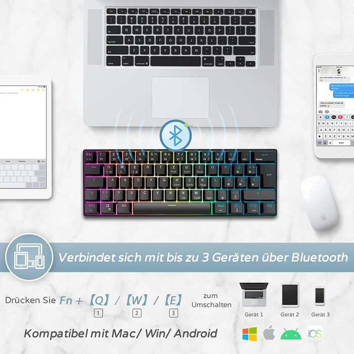 RK Royal Kludge RK61 60% Wireless, schwarz, LEDs RGB, hot-swap, RK BROWN, USB/Bluetooth, DE