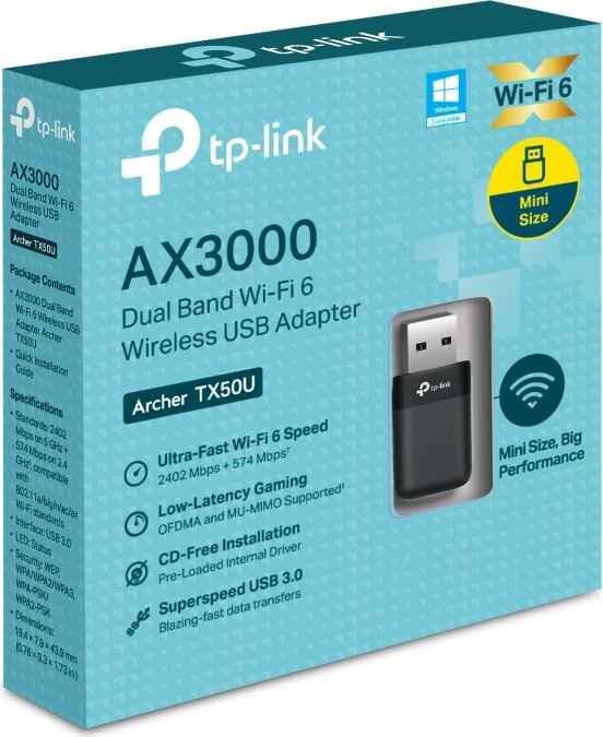 TP-Link TX50U, Wi-Fi 6, AX3000, 2.4GHz/5GHz WLAN, USB-A 3.0 [Stecker]