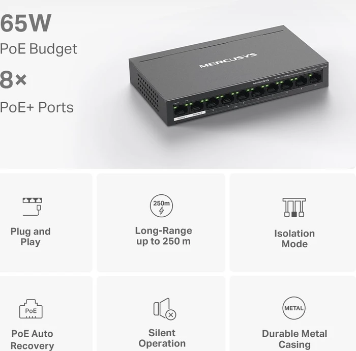 Mercusys Desktop Switch, 10x RJ-45, 65W PoE+