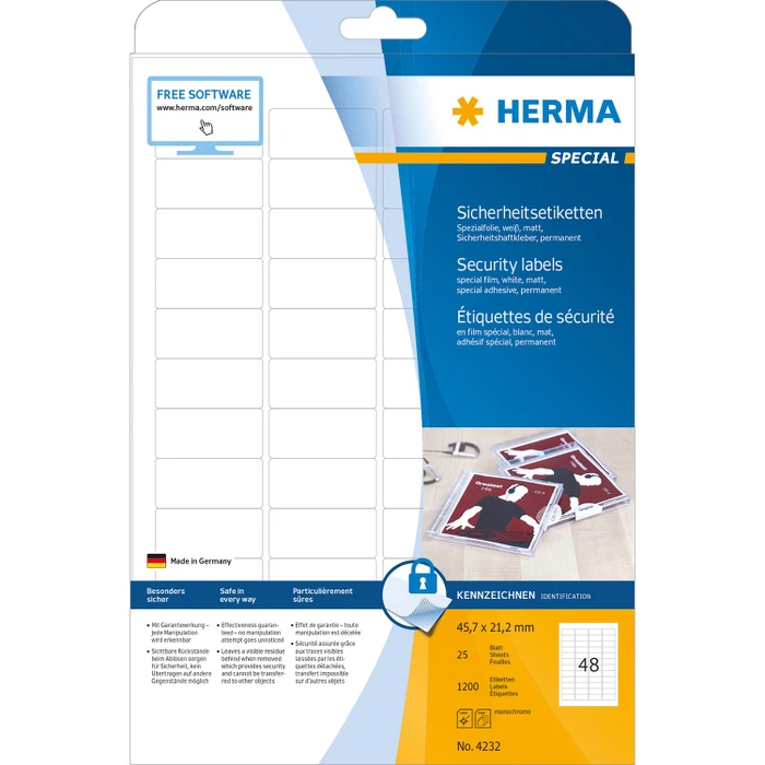 Herma Sicherheitsetiketten, 45.7x21.2mm, weiß, 25 Blatt (1200 Etiketten)
