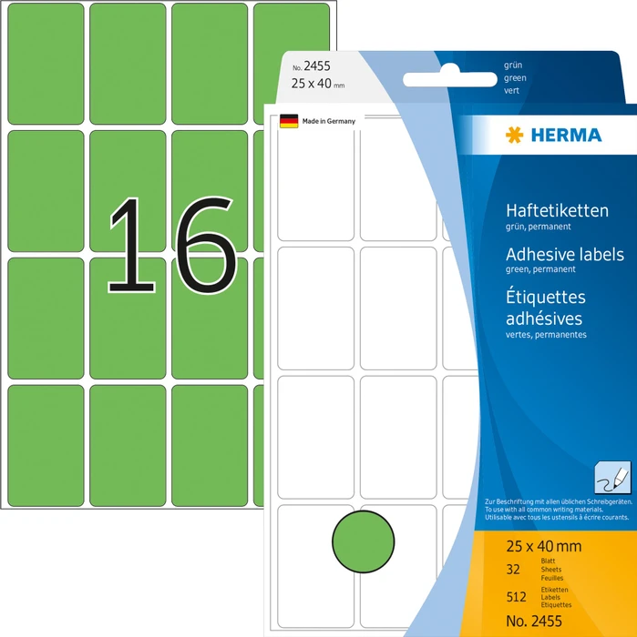 Herma Vielzwecketiketten, 25x40mm, grün, 32 Blatt (512 Etiketten)