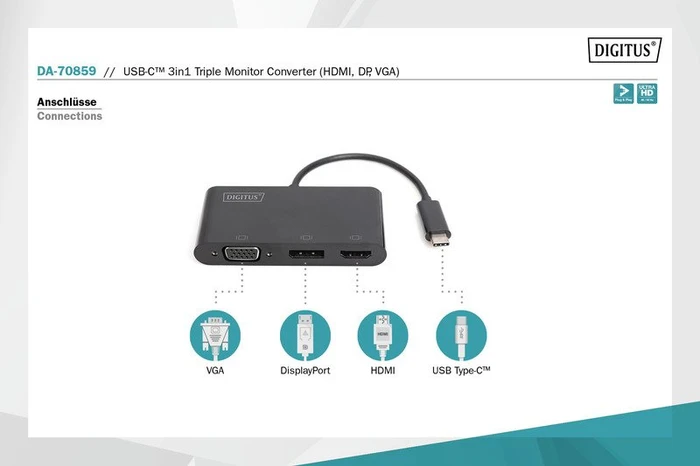 Digitus USB-C 3in1 Triple Monitor Adapter, USB-C auf HDMI/DisplayPort/VGA, schwarz