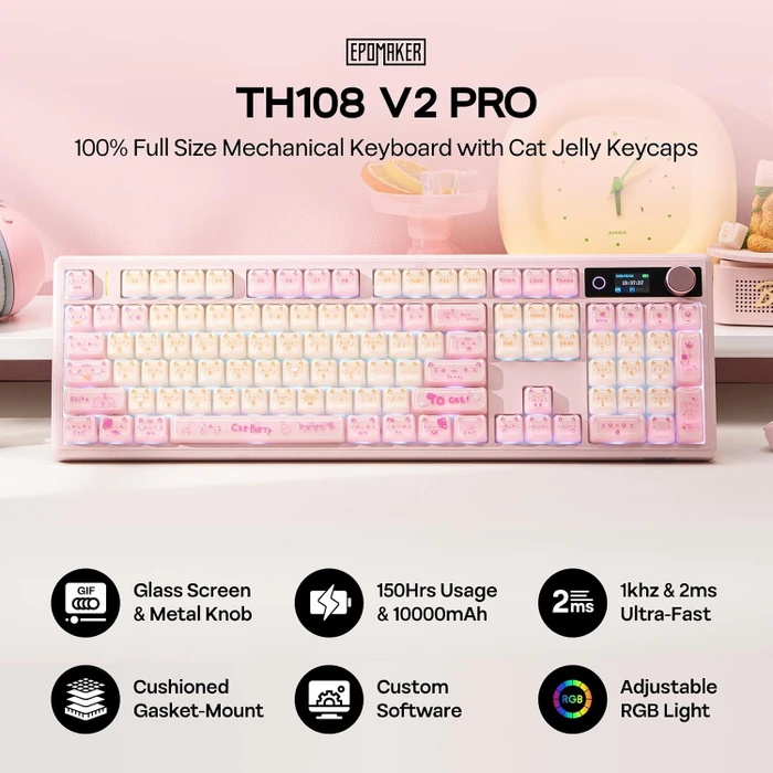 Epomaker TH108 V2 Pro Wireless, Cute Cat, LEDs RGB, hot-swap, Epomaker Sea Salt Silent V2, USB/Bluetooth, US