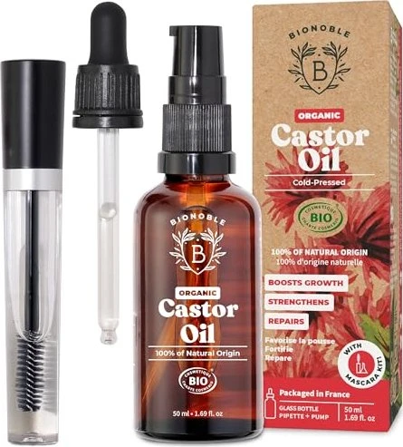 Bionoble Bio-Rizinusöl 50ml + Tropfpipette + Pumpaufsatz + Mascarabürste Gesichtspflege Geschenkset