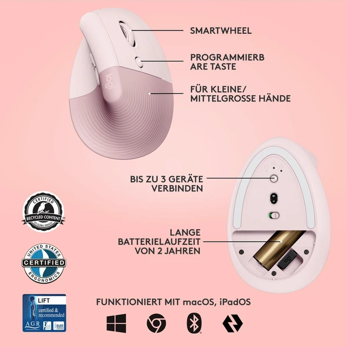 Logitech Lift Vertical Ergonomic Mouse, Rose, Logi Bolt, USB/Bluetooth