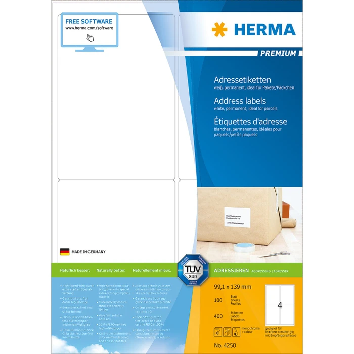 Herma Etiketten Premium, 99.1x139mm, weiß, matt, 100 Blatt (400 Etiketten)