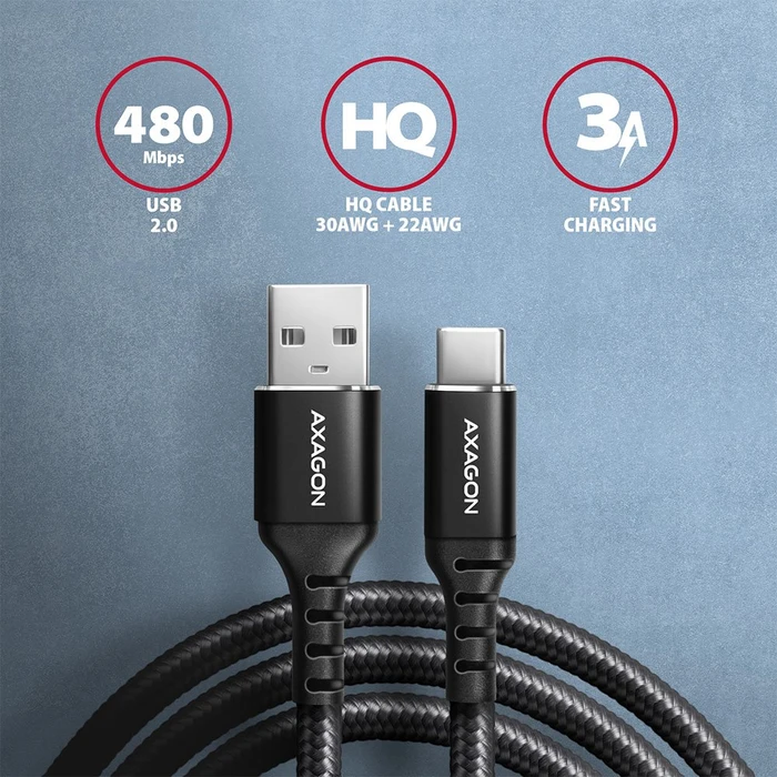 Axagon USB Adapterkabel, HQ, USB 2.0, 480Mb/s, USB-A 2.0 [Stecker] auf USB-C [Stecker], Adapterkabel, 2m