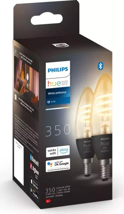 Philips Hue White Ambiance Filament LED Kerze E14 4.6W, 2 Stück