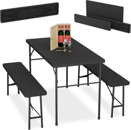 Relaxdays Bierzeltgarnitur Gartenmöbel-Set schwarz, 3-tlg.