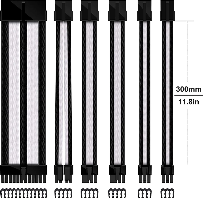 EZDIY-FAB Cable Extension Kit, 1x 24-Pin, 1x 4/8-Pin ATX, 2x 6-Pin PCIe, 16AWG, 2x 8-Pin PCIe, 16 AWG Nylon, schwarz/weiß