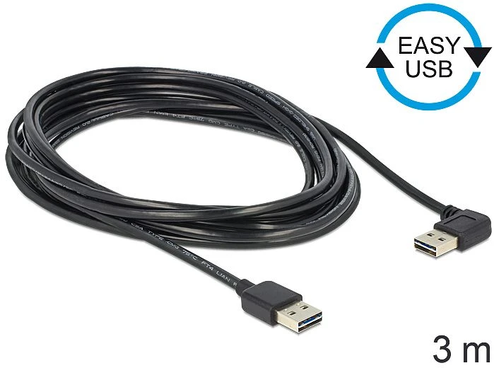 DeLOCK EASY-USB 2.0 Kabel, USB-A 90° horizontal gewinkelt [Stecker] auf USB-A [Stecker], 3m