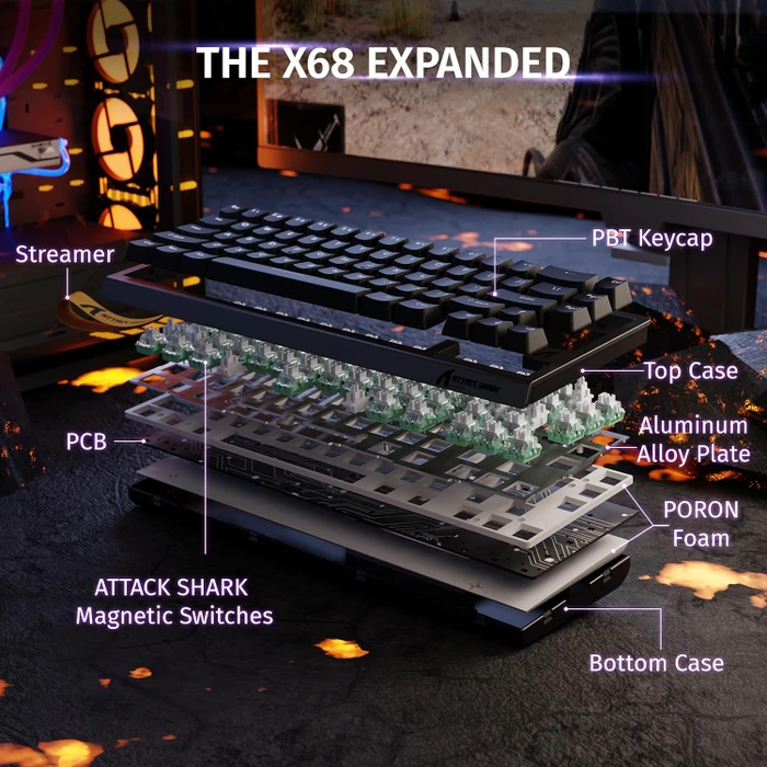Attack Shark X68 HE Rapid Trigger Keyboard, schwarz, LEDs RGB, Outemu White Jade Magnetic, USB, US