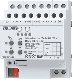 Jung KNX Jalousieaktor 2-fach 230V/1-fach 48V, 4TE REG, Schaltaktor (2502 REG HE)