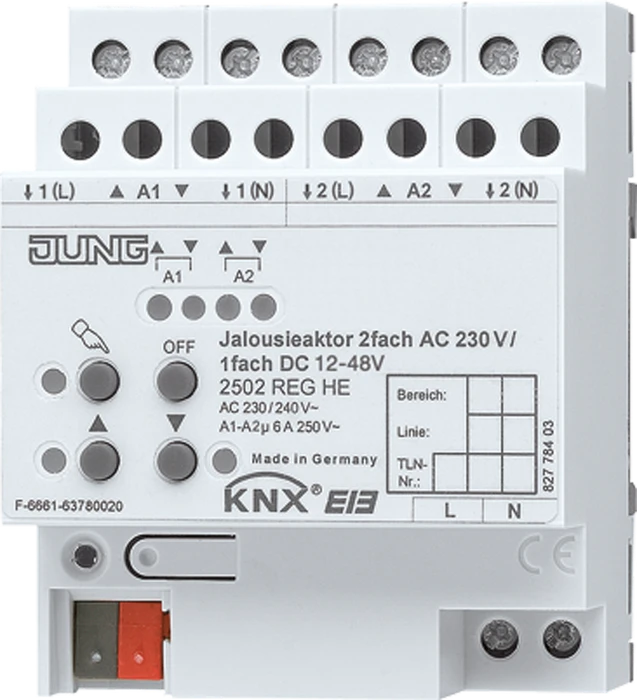 Jung KNX Jalousieaktor 2-fach 230V/1-fach 48V, 4TE REG, Schaltaktor