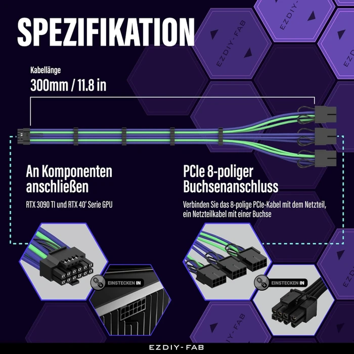 EZDIY-FAB 12VHPWR Kabel, 3x 8-Pin PCIe Buchse auf 16-Pin PCIe 5.0 12VHPWR Stecker, Adapterkabel, 16AWG, 16AWG, violett/grün, 35cm