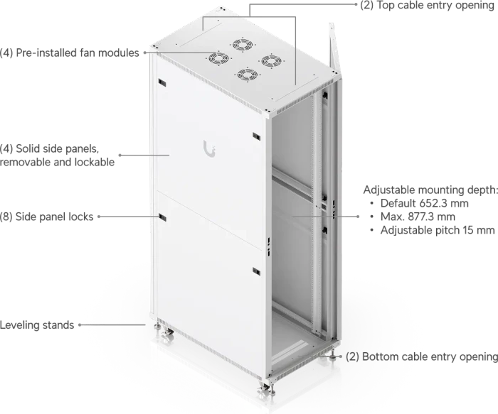 Ubiquiti 42U Rack Cabinet, 19" Rackschrank 42HE, mit Rollen, Glastür, weiß, 1000mm tief