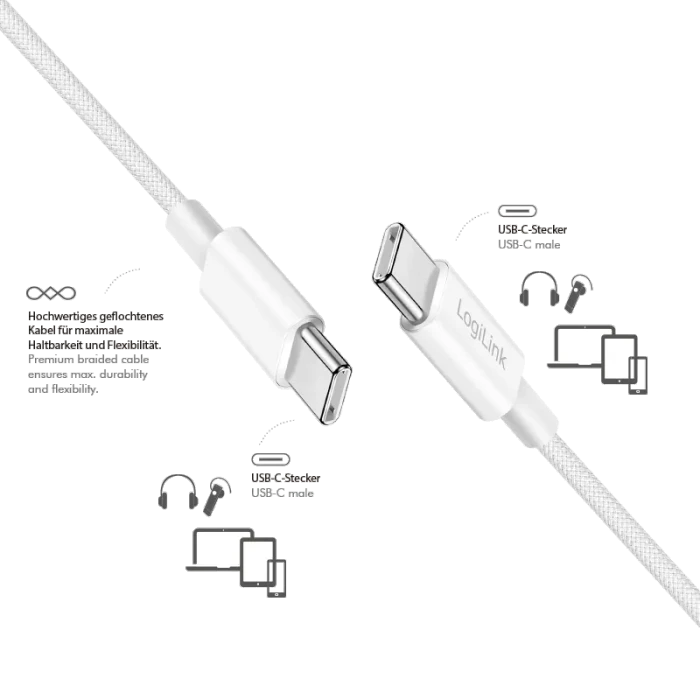 LogiLink USB-C Kabel, USB 2.0, 480Mb/s, 60W PD, USB-C Stecker auf USB-C Stecker, Nylon, weiß, 0.5m