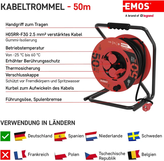 Emos Gummi-Kabeltrommel, Schuko auf 4x Schuko, 50m, IP44, H05RR-F 3G2,5
