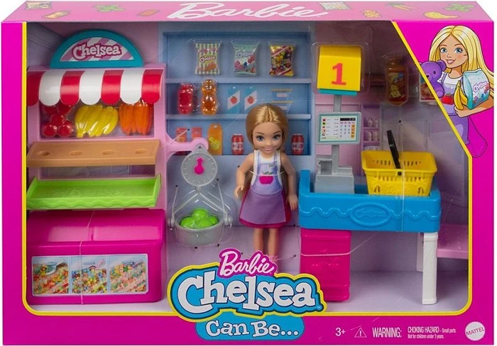 Mattel Barbie - Chelsea Karrierepuppe blonde Chelsea-Puppe und Supermarkt Spielset