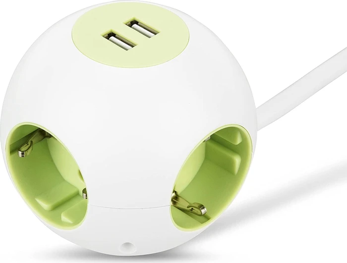 REV Ritter PowerGlobe Steckdosenwürfel, 4-fach, 2x USB, 1.4m, weiß/grün
