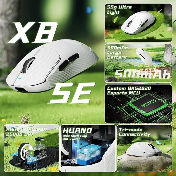 Attack Shark X8 SE Tri-mode Wireless Gaming Mouse, weiß, inkl. Grip Tape, USB/Bluetooth