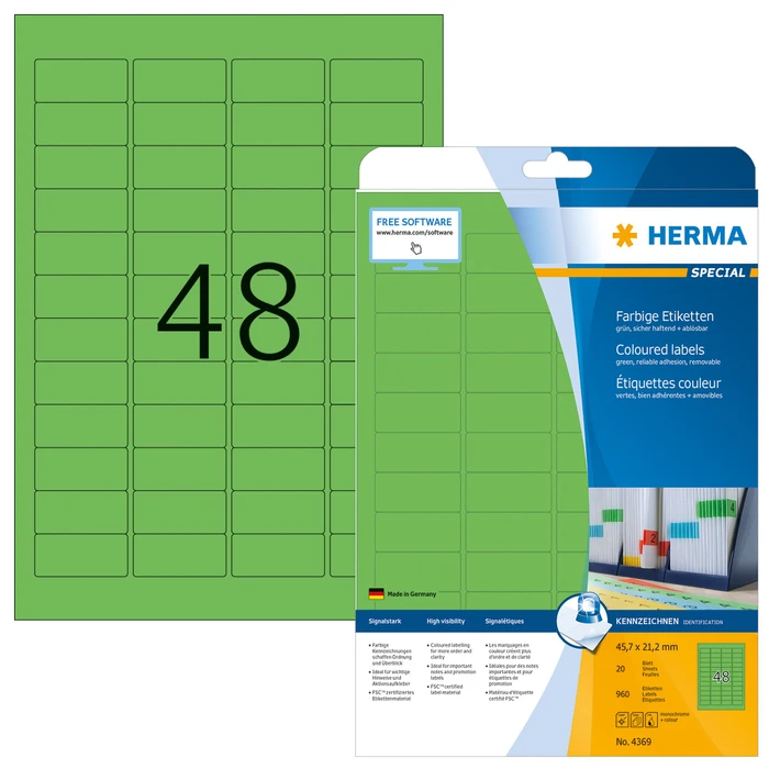 Herma Etiketten, 105x42.3mm, ablösbar, grün, 20 Blatt (960 Etiketten)