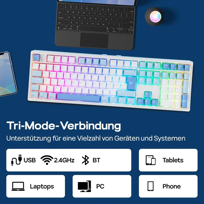 Epomaker TH108 Wireless, Blue White, LEDs RGB, hot-swap, Epomaker Creamy Jade, USB/Bluetooth, DE