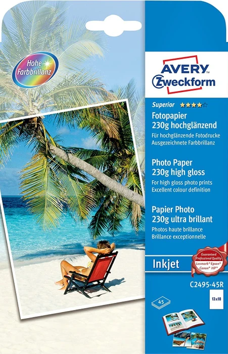 Avery-Zweckform Superior Inkjet Fotopapier hochglänzend weiß, 13x18cm, 230g/m², 45 Blatt