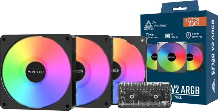 Montech GF120R V2 ARGB, schwarz, Lüftersteuerung, 120mm, 3er-Pack