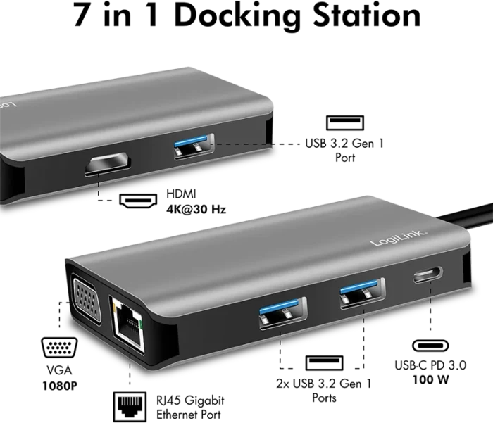 LogiLink USB 3.2 Gen 1 Dockingstation 7-in-1 Port, USB-C 3.0 [Stecker]